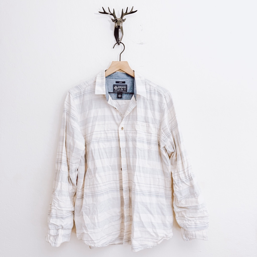 American Rag Men's White Blue Striped Button-Down Shirt Size Large